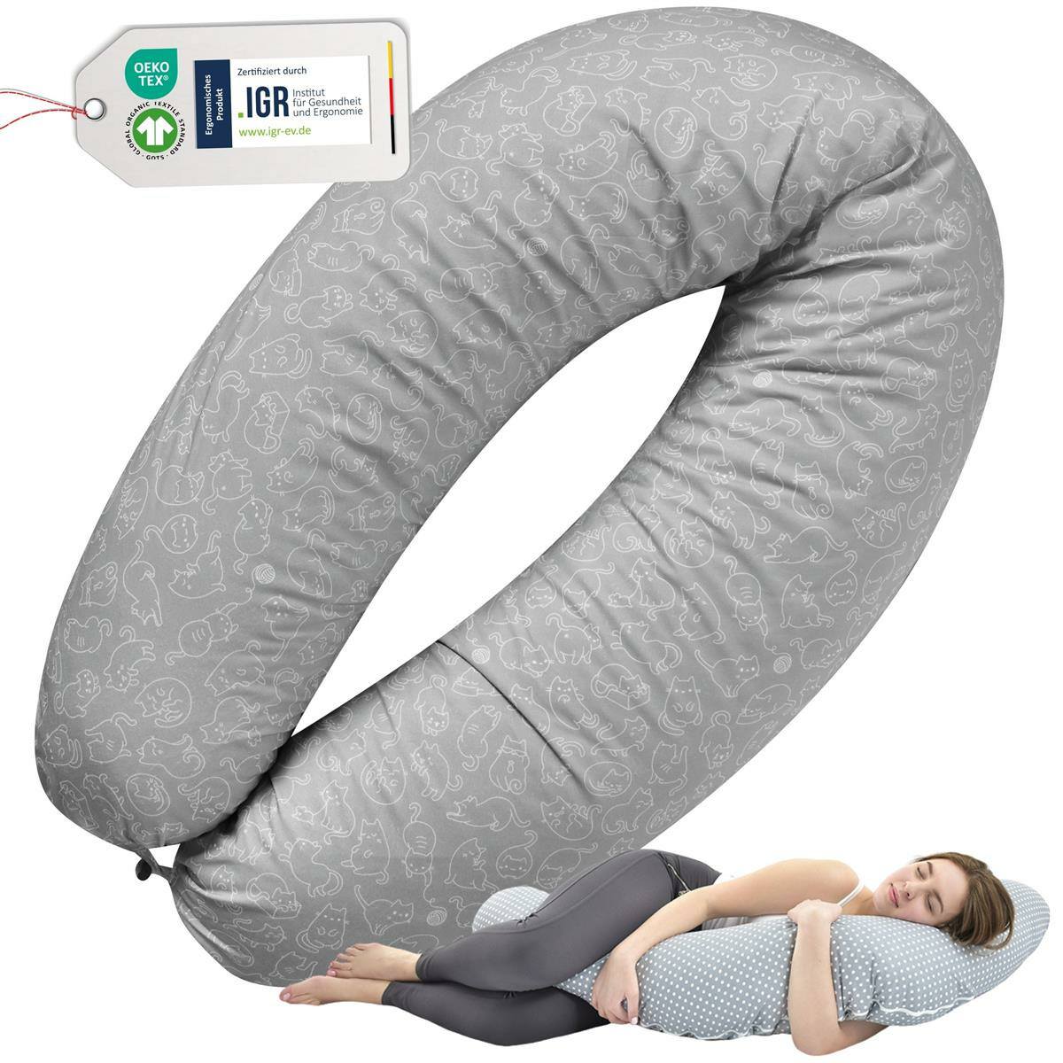 Stillkissen XXL 190x30 Baumwoll-Bezug Katzen-Design,...