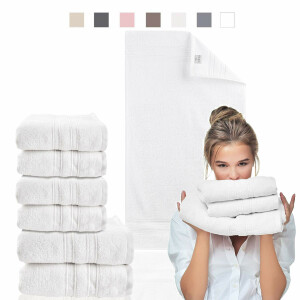 Handtuch Set 100% Baumwolle | 4 St&uuml;ck 50x100 + 2 St&uuml;ck 70x140 | Luxus Frottee AQUA FIBRO Wei&szlig;