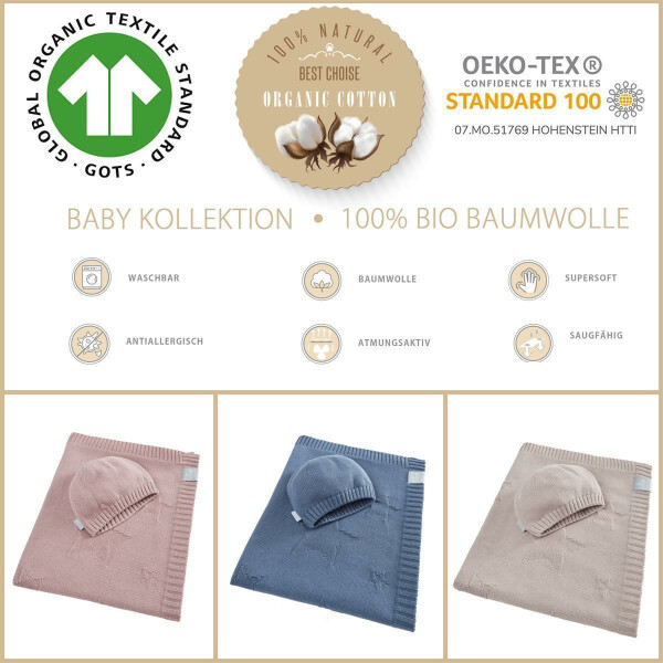Babydecke - Strickdecke 90 x 70 cm 100% Bio-Baumwolle Sterne