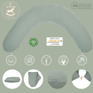 Stillkissenbezug aus 100% Bio Baumwolle, für Stillkissen oder Lagerungskissen - 190x30 cm Musselin Dark Mint