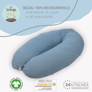 Stillkissenbezug aus 100% Bio Baumwolle, für Stillkissen oder Lagerungskissen - 190x30 cm Musselin Dark Ozean