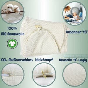 Stillkissenbezug aus 100% Bio Baumwolle, für Stillkissen oder Lagerungskissen - 190x30 cm Musselin Taupe