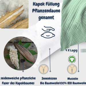 Naturstillkissen 190x30 cm - 100% Kapok F&uuml;llung - Bezug 100% Bio Baumwolle - GOTs und &Ouml;ko-Tex zertifiziert Musselin Dark Mint
