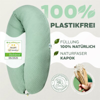 Naturstillkissen 190x30 cm - 100% Kapok Füllung - Bezug 100% Bio Baumwolle - GOTs und Öko-Tex zertifiziert Musselin Dark Mint
