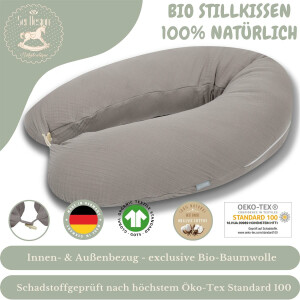 Naturstillkissen 190x30 cm - 100% Kapok Füllung - Bezug 100% Bio Baumwolle - GOTs und Öko-Tex zertifiziert Musselin Taupe