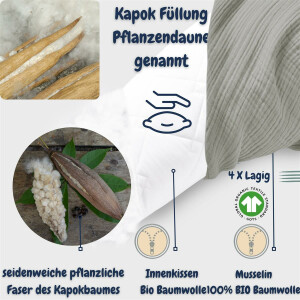 Naturstillkissen 190x30 cm - 100% Kapok Füllung - Bezug 100% Bio Baumwolle - GOTs und Öko-Tex zertifiziert Musselin Taupe