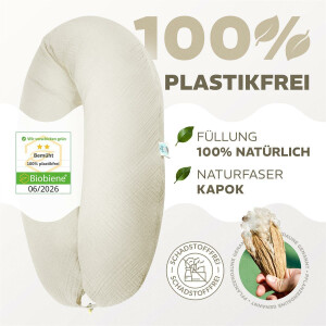 Naturstillkissen 190x30 cm - 100% Kapok Füllung - Bezug 100% Bio Baumwolle - GOTs und Öko-Tex zertifiziert Musselin  Natur