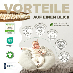 Naturstillkissen 190x30 cm - 100% Kapok Füllung - Bezug 100% Bio Baumwolle - GOTs und Öko-Tex zertifiziert Musselin  Natur