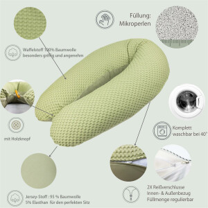 XXL Nursing Pillow 190x30, Cover made of Jersey + Waffle Fabric, Microbead Filling