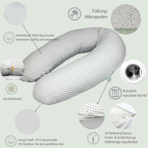 XXL Nursing Pillow 190x30, Cover made of Jersey + Waffle Fabric, Microbead Filling