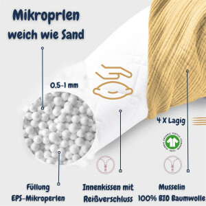Stillkissen 190x30 XXL | Füllung EPS Mikroperlen | Bezug 100% BIO-Baumwolle | Musselin Bärchen