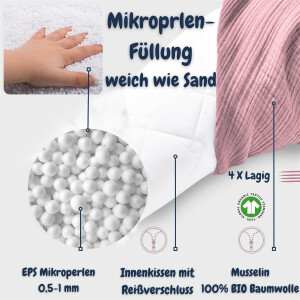 Stillkissen 190x30 XXL | Füllung EPS Mikroperlen | Bezug 100% BIO-Baumwolle | Musselin Berry Blush