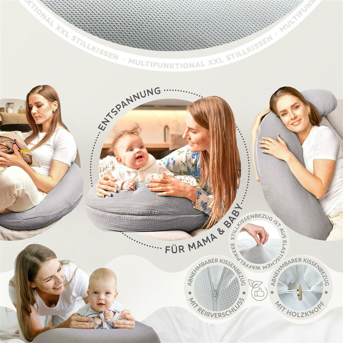 XXL Nursing Pillow 190x30, Cover made of Jersey + Waffle...