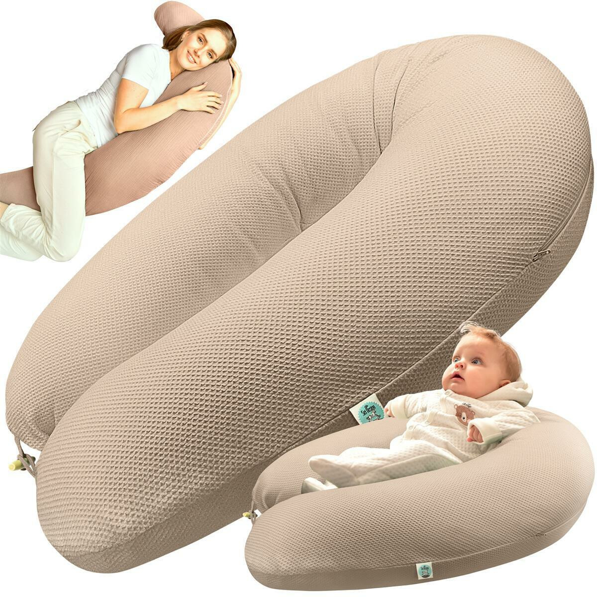 XXL Nursing Pillow 190x30, Cover made of Jersey + Waffle Fab
