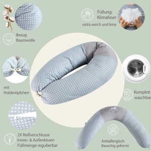Nursing Pillow 190x30 EPS Micro Beads Stars Gray with one additional Slipcover