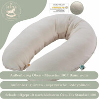 Stillkissen 190x30 XXL | Füllung Faserbällchen | Bezug 100% Baumwolle | Musselin + Teddy Plüsch Natur
